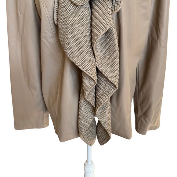 Chico's Jacket Women's Sz 3 16/18 Taupe Faux Leather Knit Collar Trim Lined Soft - Picture 3 of 10